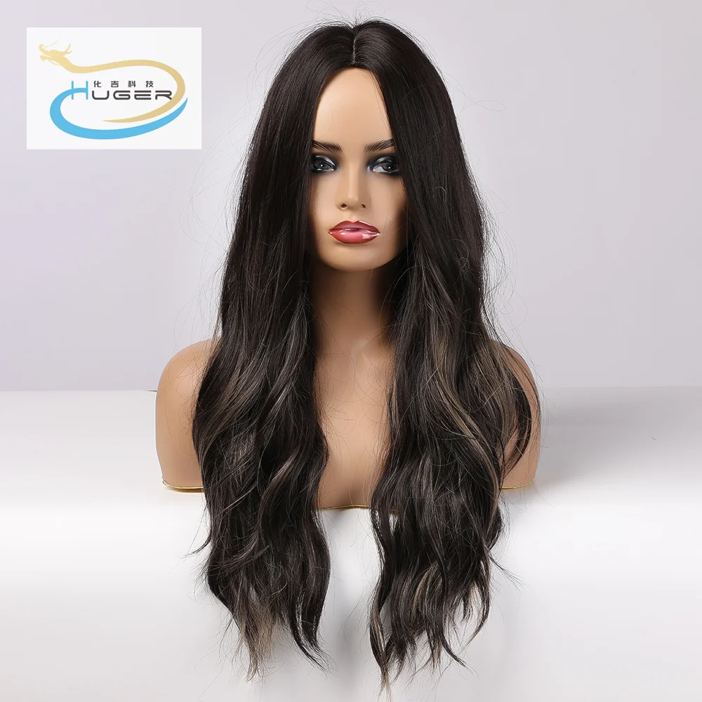 

High end detail production long dark brown wavy front lace synthetic hair wigs