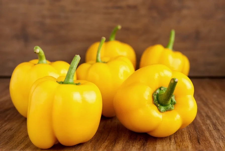 Close-up of fresh aji cachucha peppers showing their distinctive lantern shape and vibrant yellow color against a rustic wooden background