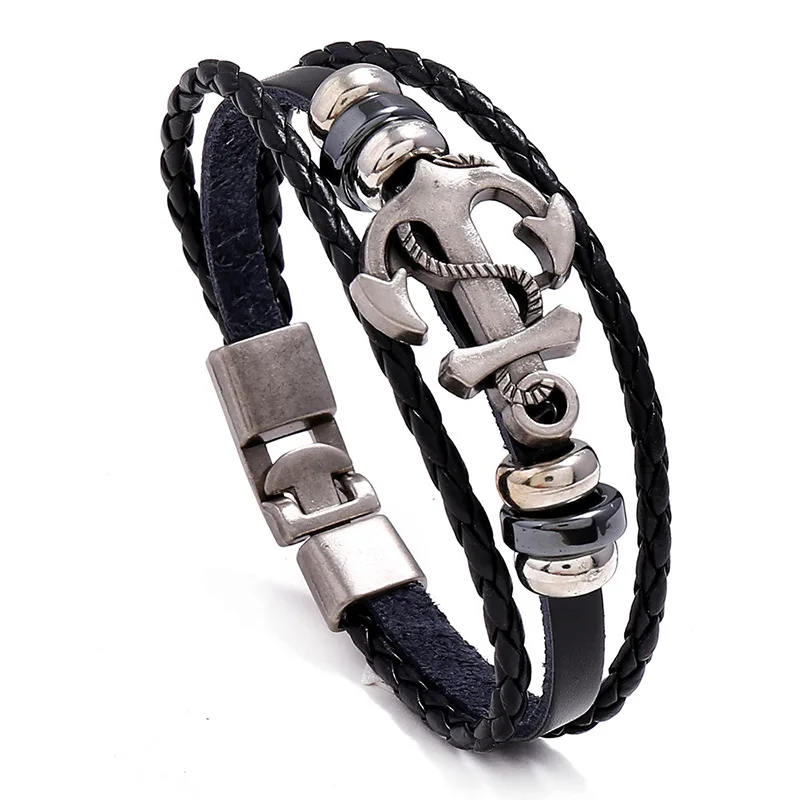 

Mens Genuine Leather Bracelet Men Homme Braided Rope Wrap Anchor Charm Men's Multi Layer Leather Bracelet 2020, Black color