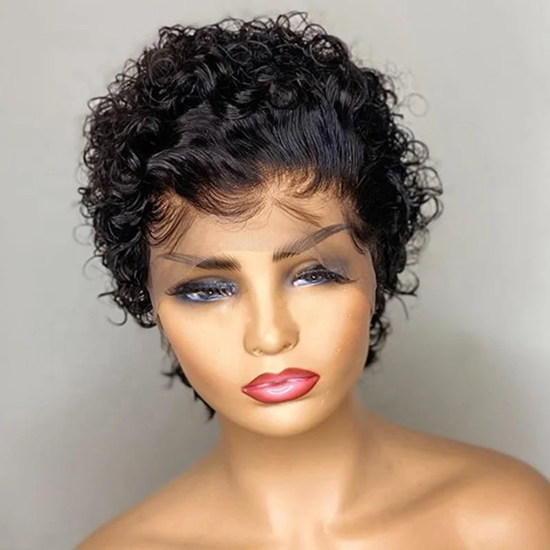 

Cuticle Aligned Short Pixie Curly Jet Black Virgin Indian Human Hair 360 Wigs With Baby Hair