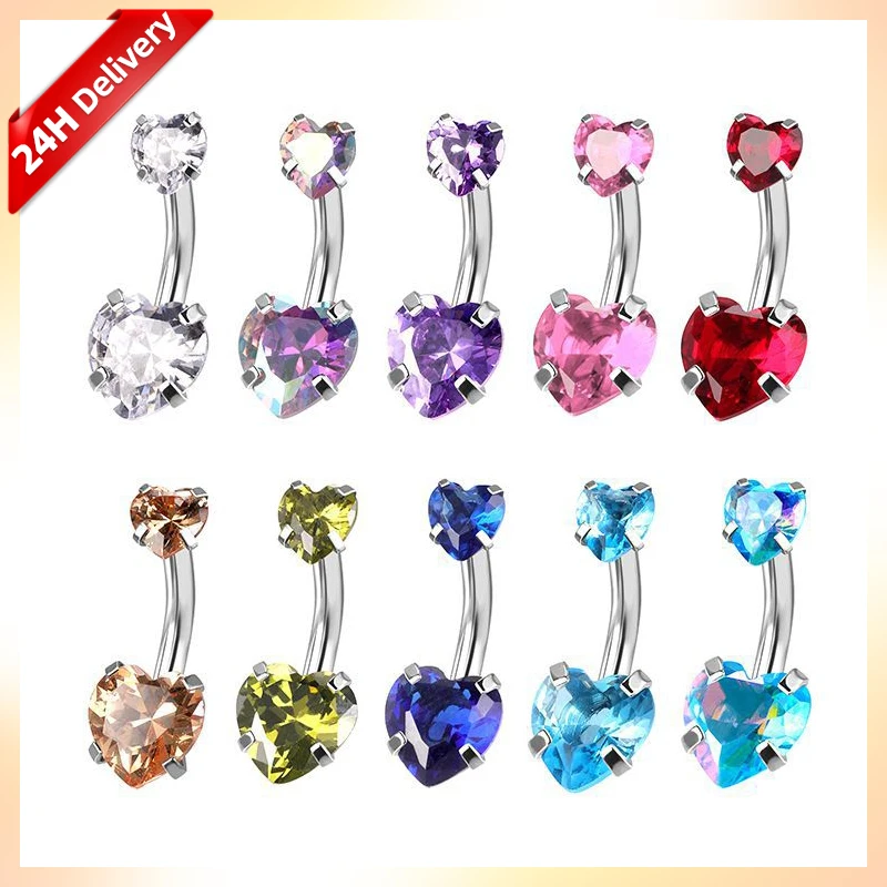 

HOVANCI European Zircon 5 Double Heart Barbell Jewelry Stainless Steel Belly Button Ring Navel Sexy Women Body Piercing, As picture