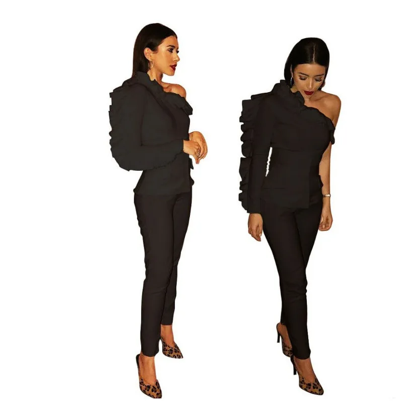 

Fall 2021 Designer Solid Single Sleeve Top 2 Piece Set Casual Stacked Suit Ruffles Strapless Two Piece Pants Set