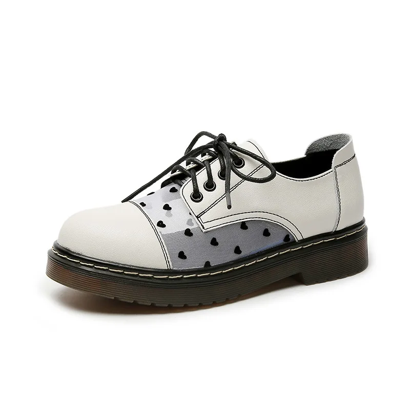 

British Style Brock Shoes Lace Up Hollow Out Leather Flat White Women Sneakers, Black,white