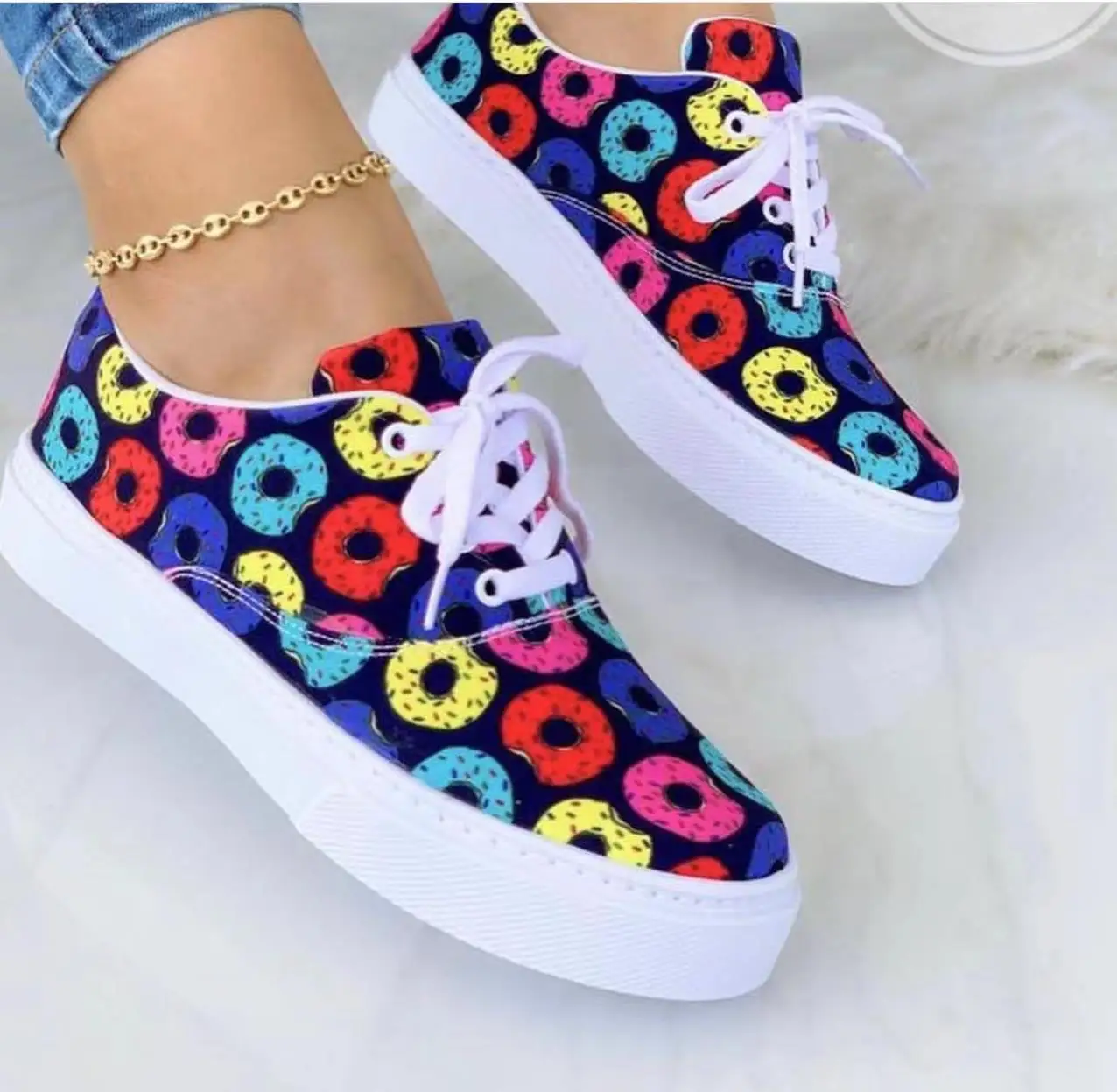 

Fashion Print Colorful White Shoes Sneakers Hot Selling Ladies Plus Size Thick Casual Shoes Walking Style Shoes Round Toe Mujer