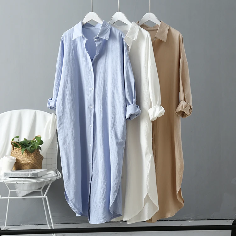 

Women Long Shirt Dress Cotton Korean Fashion White Dress Autumn Oversized Long Sleeve Loose Dresses Ladies Tops, Picture color