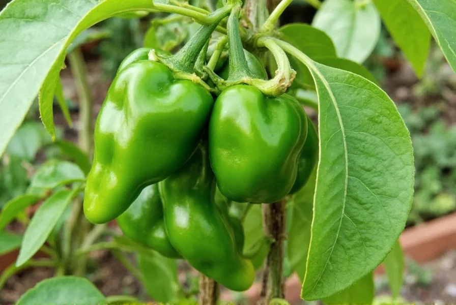 California Wonder pepper plant showing mature green peppers on vine in garden setting