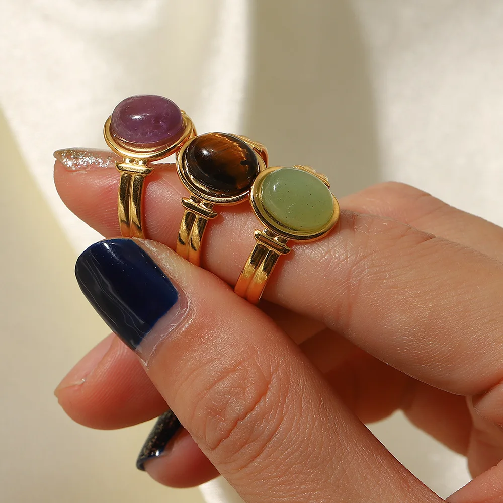 

2023 New Stainless Steel 18K Gold Ring Oval Tiger Eye/Green/Purple Semi-Precious Stone Open Ring For Women