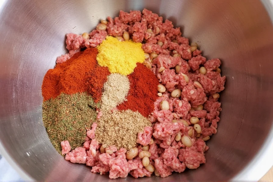 Williams chili mix preparation showing ingredients in mixing bowl with spices, ground beef, and beans