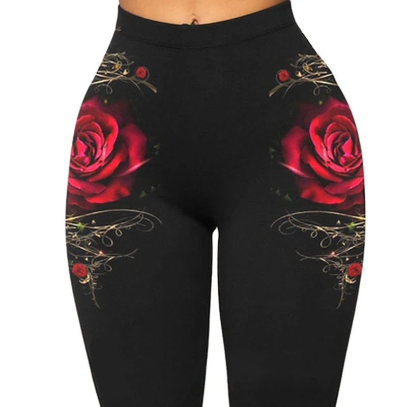 

Women's Casual Rose Print High Waist Tight-Fitting Knee-Length Tight Fitness Workout Women's Plus Size Sexy Summer Short