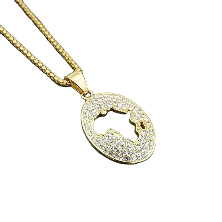 

Newest Hip Pops Gold Plated Titanium Oval Shape Hollow Africa Map Pendant Necklace For Men