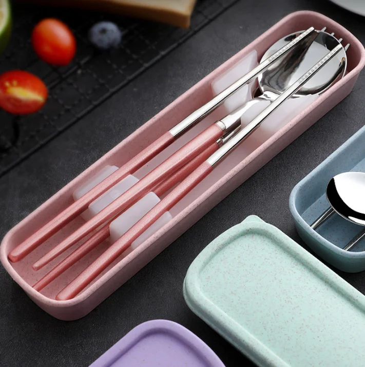 

T178 3Pcs/set Tableware Reusable Travel Cutlery Set Camp Utensils Set Stainless Steel Spoon Fork Chopsticks Dinnerware, 4 colors