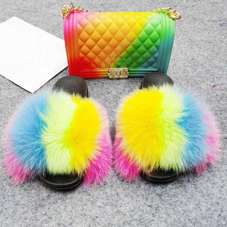 

Retro Luxury Jelly Bag Match Sandals Slippers Transparent Crossbody Purses And Real Fur Slides, Customized color