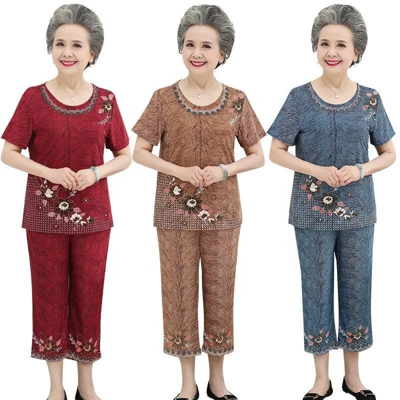 

2021 Grandma short-sleeved suit middle-aged and elderly women trouser suits