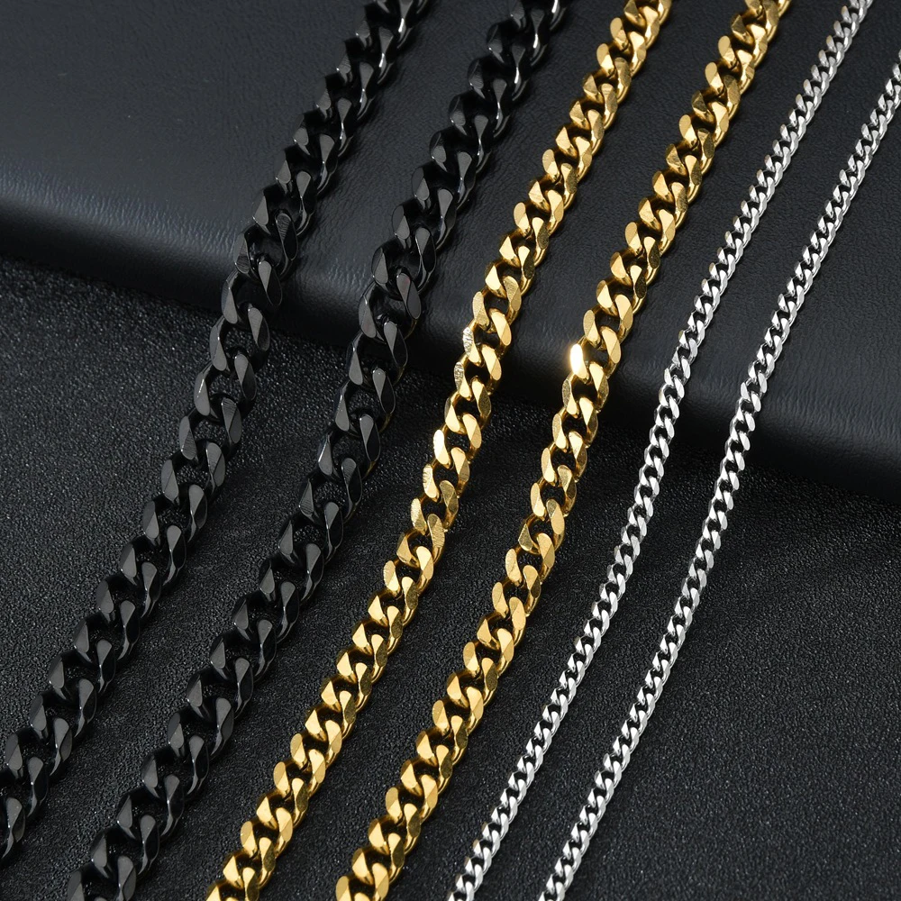 

3MM/5MM/7MM Gold Silver Black Plated Stainless Steel Initial Jewelry Cuban Chain Necklace For Men Women