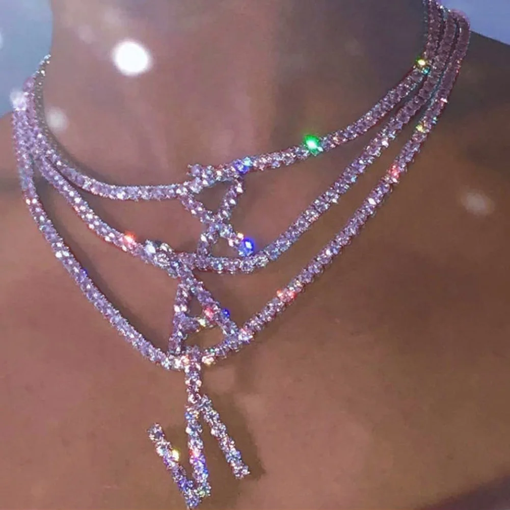 

Luxury Custom Iced Out 26 Initials Necklace For Women Hip Hop Pink Color Letter Pendent Fashion Jewelry