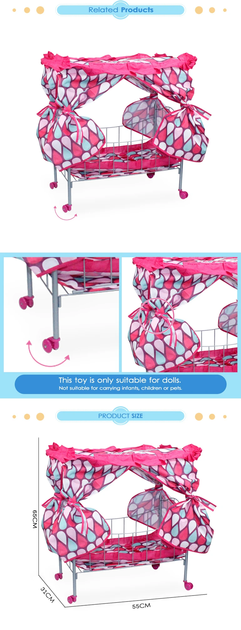 Fei li toys 2021 new fabric baby doll cradle for doll 12-18 inches Furniture Toys Set doll furniture