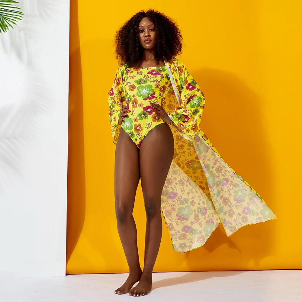 

2021 Floral Print One Piece Bathing Suits Swimwear Bikini Matching Bikini Cover Up Bat Swimsuits Women Swimwear, As pictures