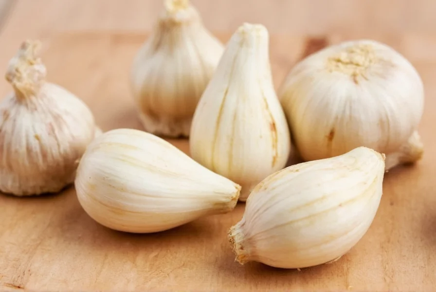 Close-up photograph showing multiple garlic cloves next to measuring spoons with 1/2 teaspoon of minced garlic representing one clove