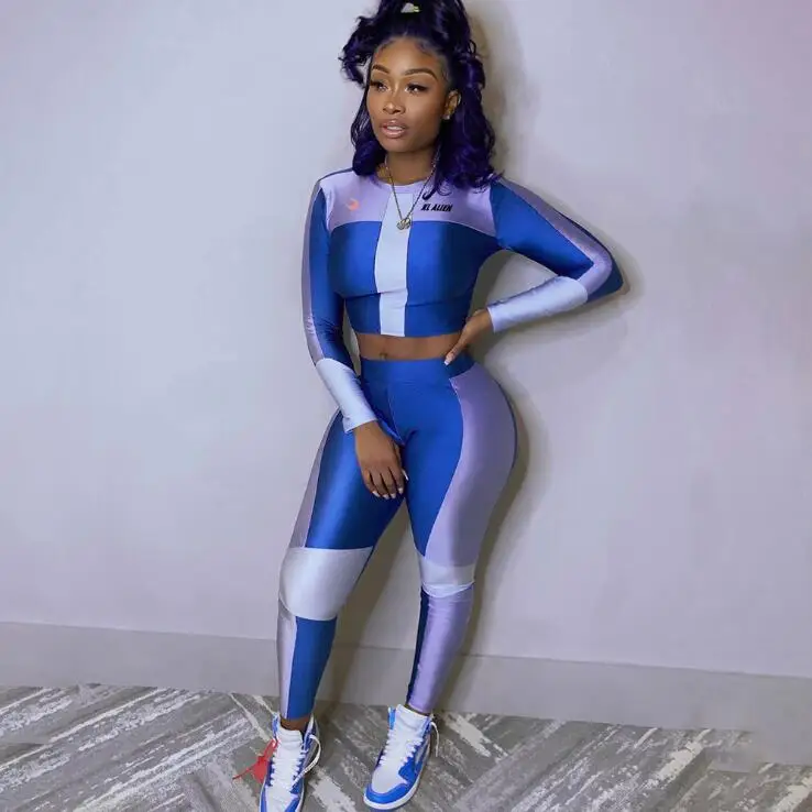 

In Stock Stylish Women Sexy Print Slim Fitness Long Sleeve Top Sports Casual Stitching Two Piece Pant Set