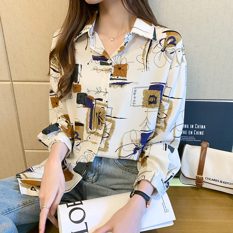 

Retro Hong Kong Style Chiffon Long Sleeve printed shirt blouse 2020 popular and loose design to women garments