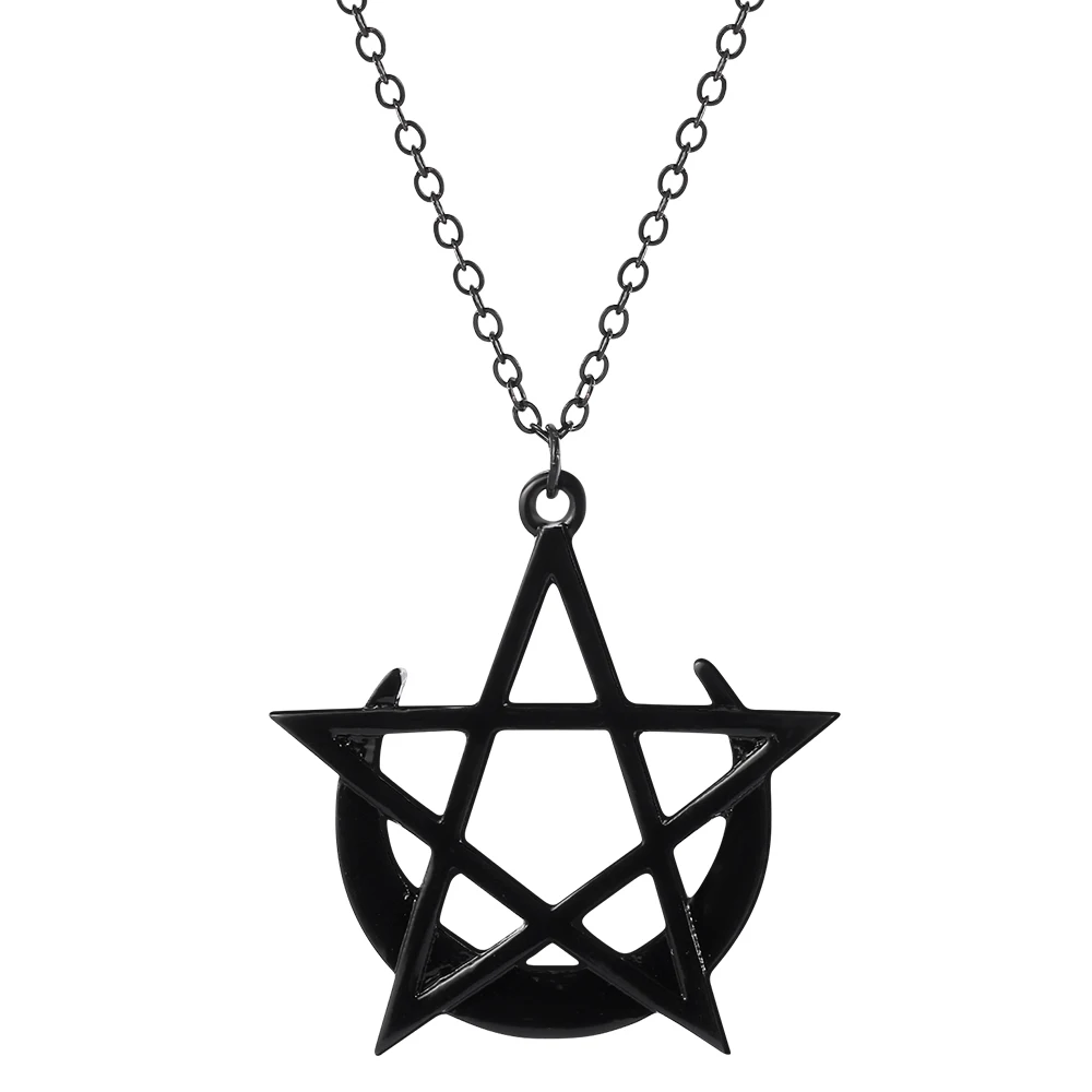 

Gothic Pentagram Moon Goddess Wicca Necklace for Women Men Magic Pentacle Witch Pendant Jewelry Gifts, Black color