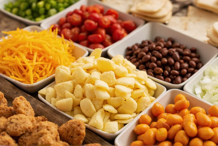 Close-up of a well-organized chili toppings bar showing traditional accompaniments like shredded cheese, onions, beans, and oyster crackers