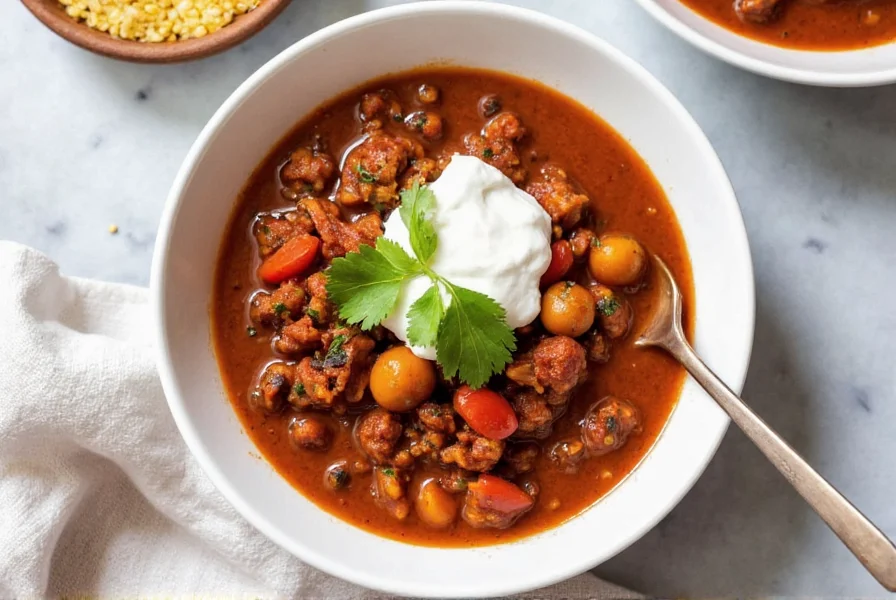 Healthy WW chili recipe served in bowl with Greek yogurt topping and fresh cilantro