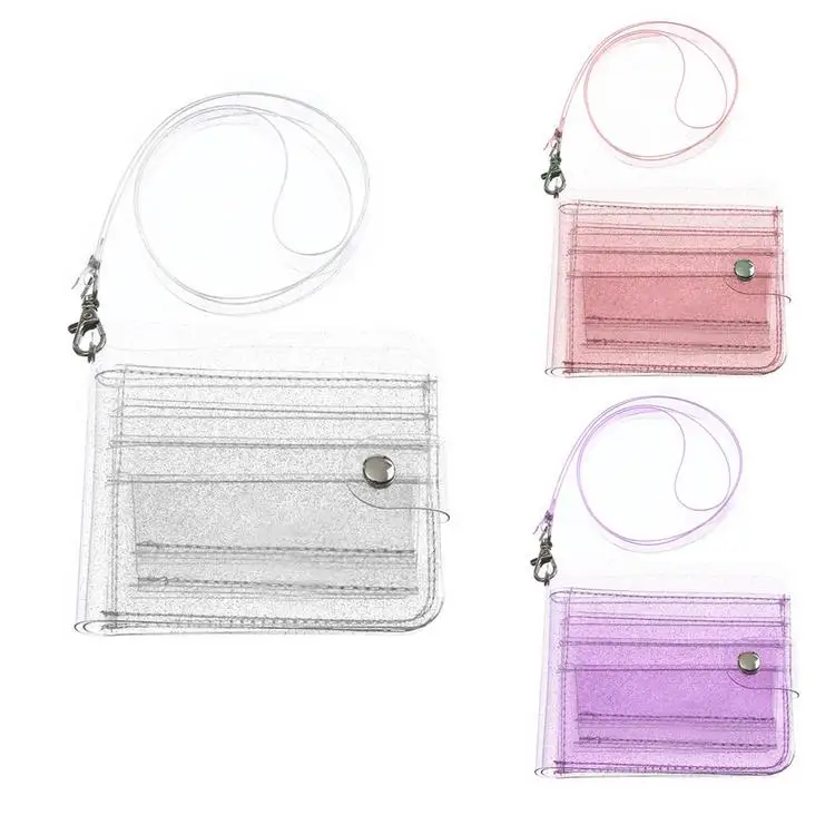 

Clear Jelly Wallet PVC ID Card Holder with Lanyard, Whitepinkpurple