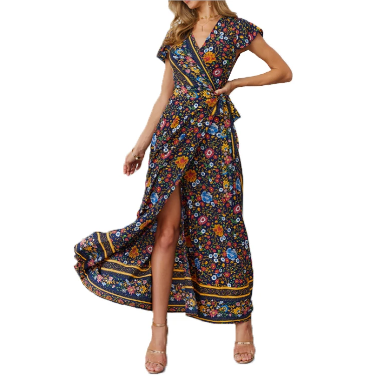 

Hot Sale Summer Women Sky Blue V Neck Beach Resort Floral Printed Dress