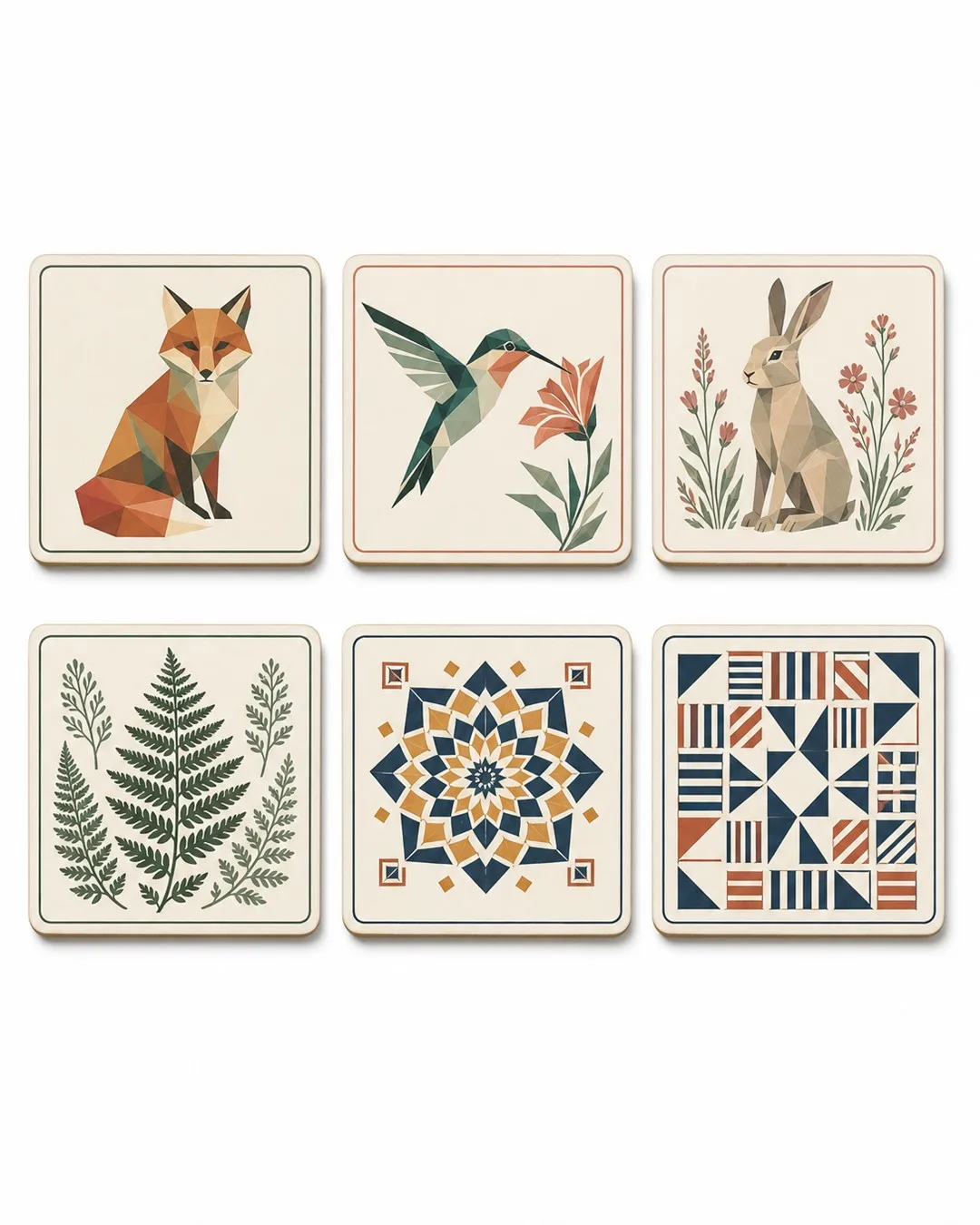 Geometric Wild Coaster Set of 6 with Fox Hummingbird and Hare Designs