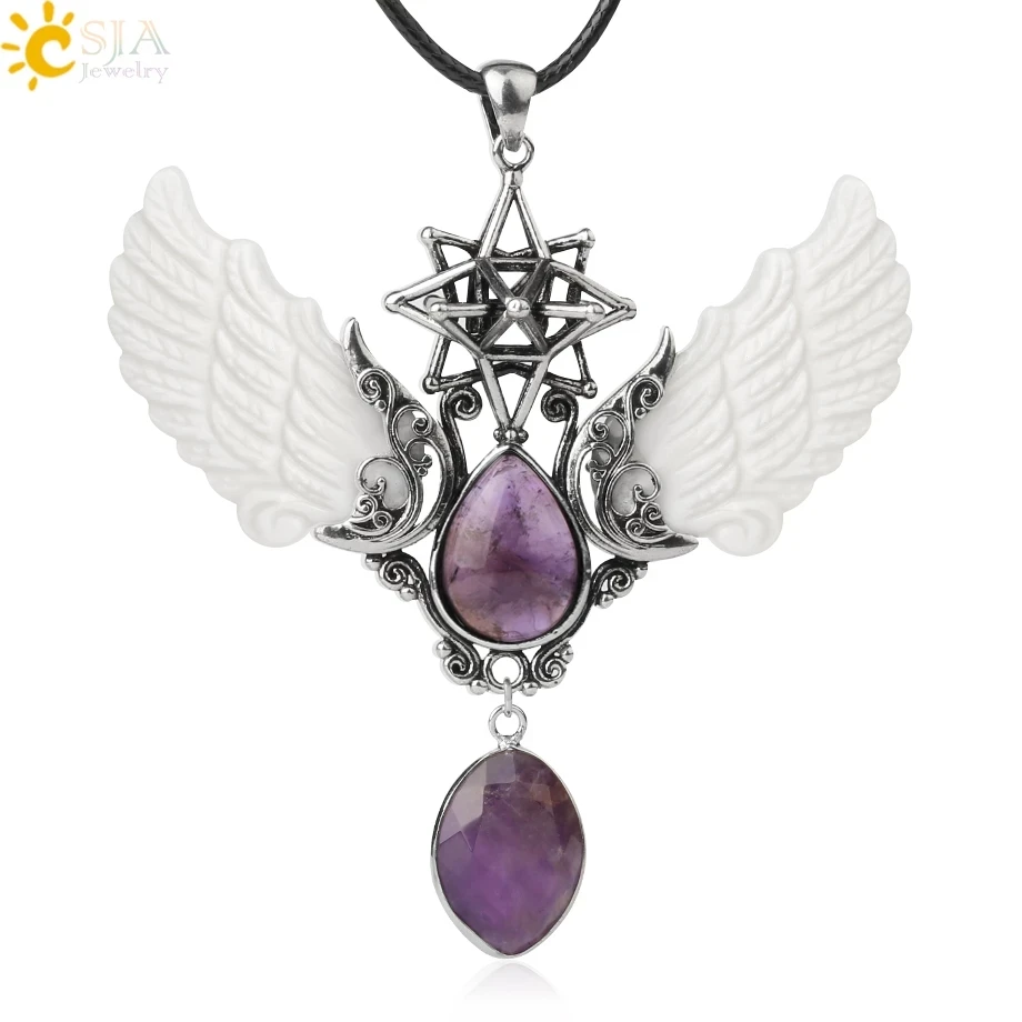 

CSJA water drop crystal pendant necklace natural stone angel wing merkaba charms christmas gift G780