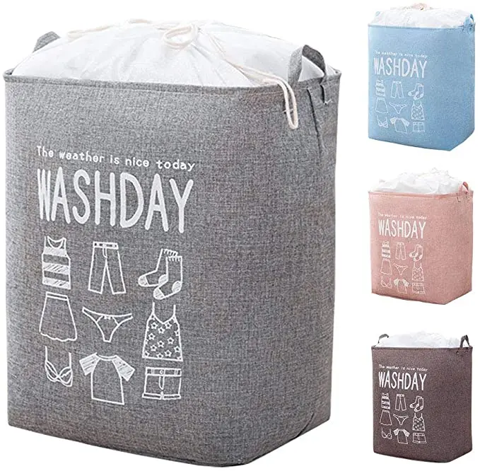 

FF239 Cotton Drawstring Clothes Toy Storage Bag Thickened Large Sized Laundry Basket Freestanding Collapsible Laundry Hamper, Image