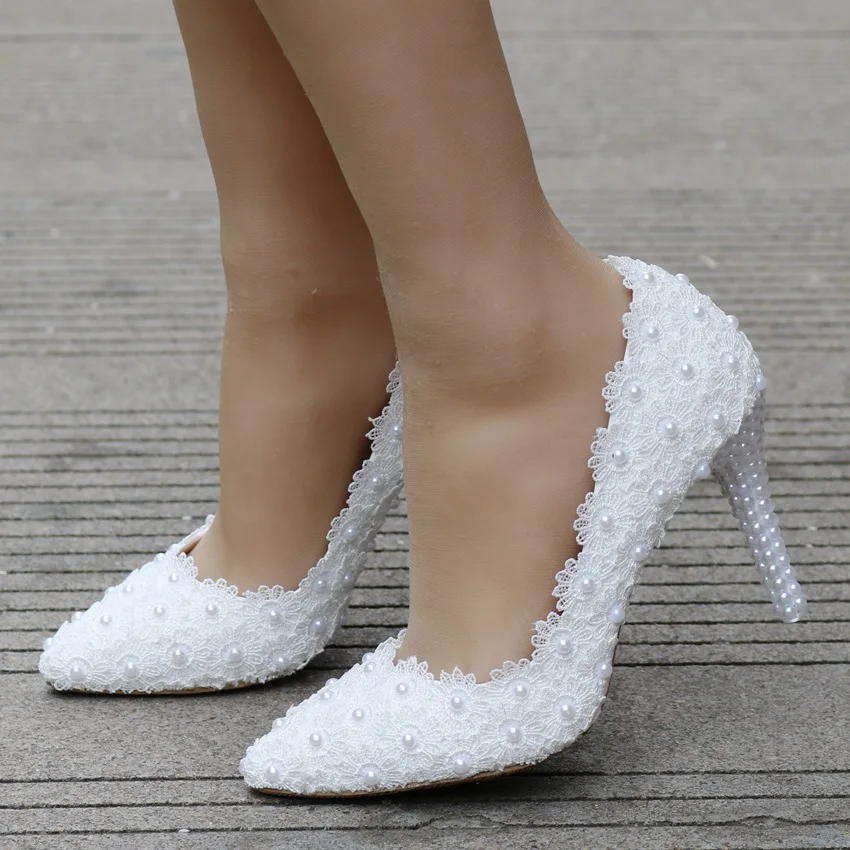 

S65 White different heel large size White pearl wedding bridal woman shoes new arrivals 2021