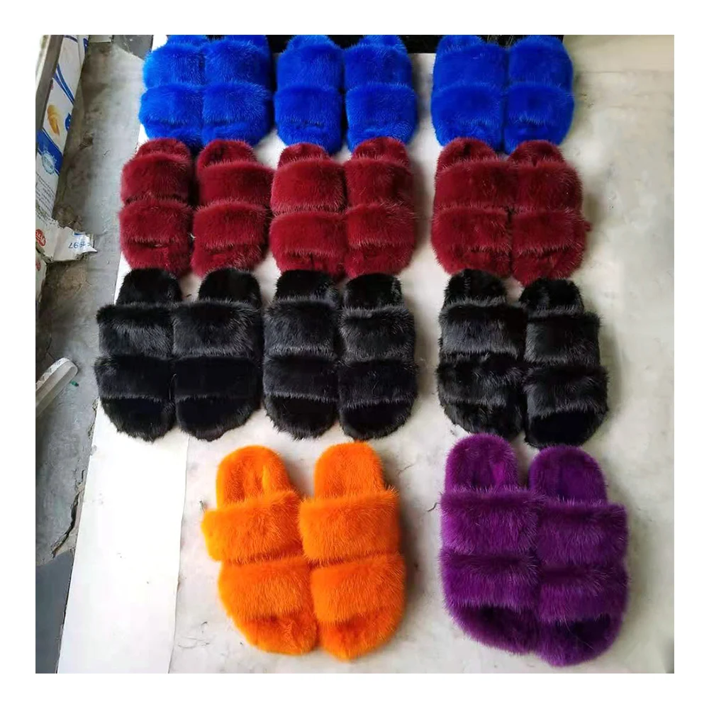 

Luxury Fuzzy Fur Sandal Wholesale Custom Designer 2 Straps 100% Real Mink Fur Slides Mink Slippers For Ladies, As our color chart or custom