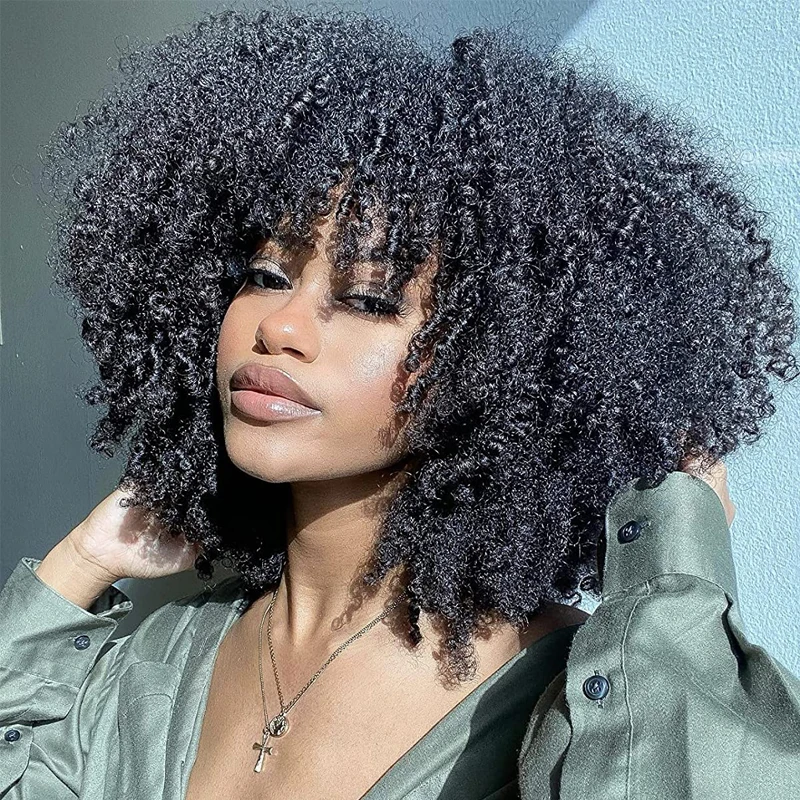 

Short Hair Afro Kinky Curly Wig With Bangs For Black Women Cosplay Synthetic Natural Glueless Brown Mixed Blonde Wigs, Black color