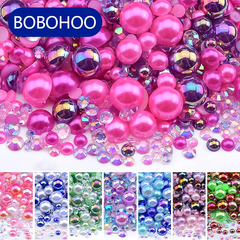 BOBOHOO Wholesale Abs Half Round Pearls Mix Size Round Resin Rhinestones for Shoes Garments Bags DIY