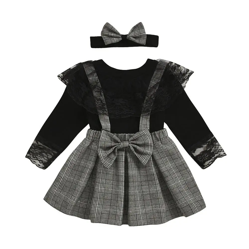 

2020 spring european fashion long sleeve lattice strap lace skirt two pieces children kids clothing girls suit