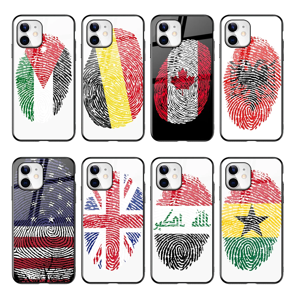 

Customized Print Your Own Designs Fingerprint Flag Tempered Glass Phone Case for iPhone 11 12 , Shockproof Coque Cover, Black