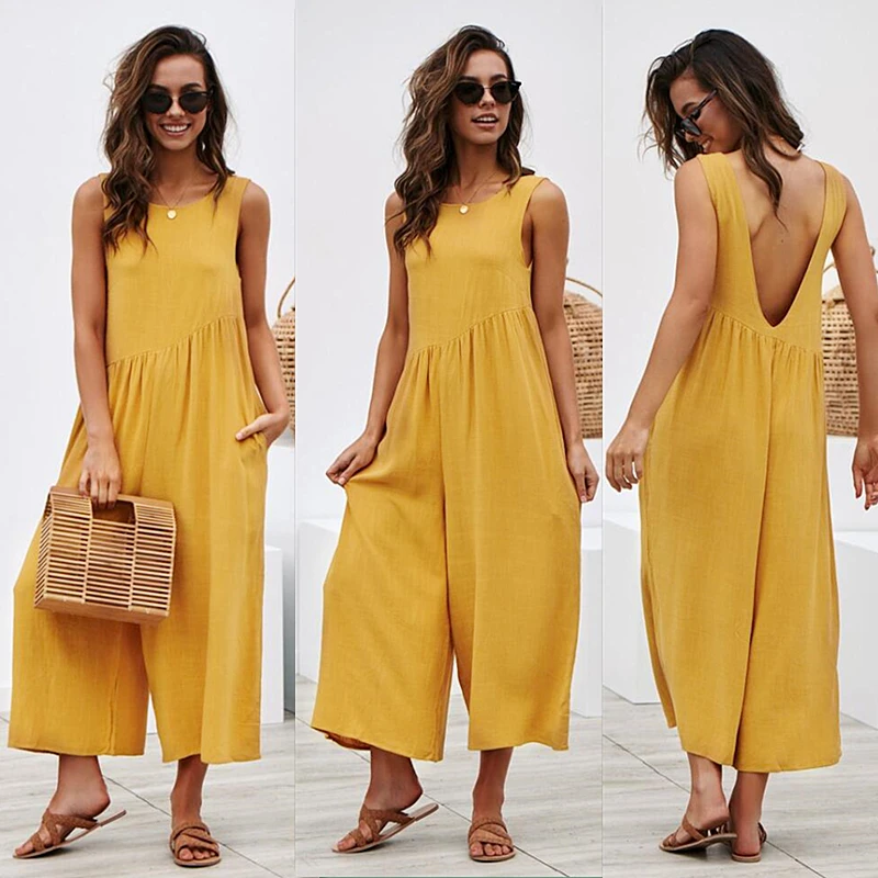 

Summer solid color halter jumpsuit plus size casual dresses