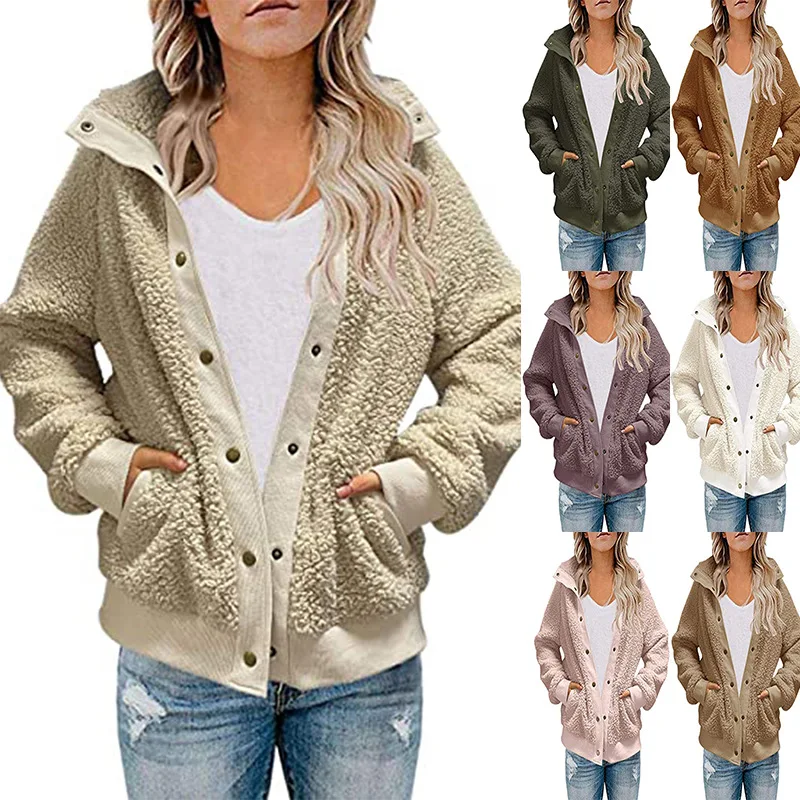 

LXY Fashion Winter Thick Fur Jackets Women's Plush Button Sherpa Fleece Warm Fur Coat Long Sleeve Cardigan, 5 colors