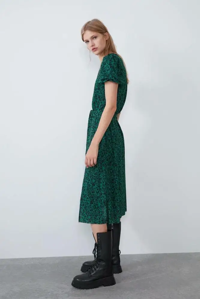 
2019 autumn winter splits high quality poly crepe floral printed high street wear short sleeve long dress women 