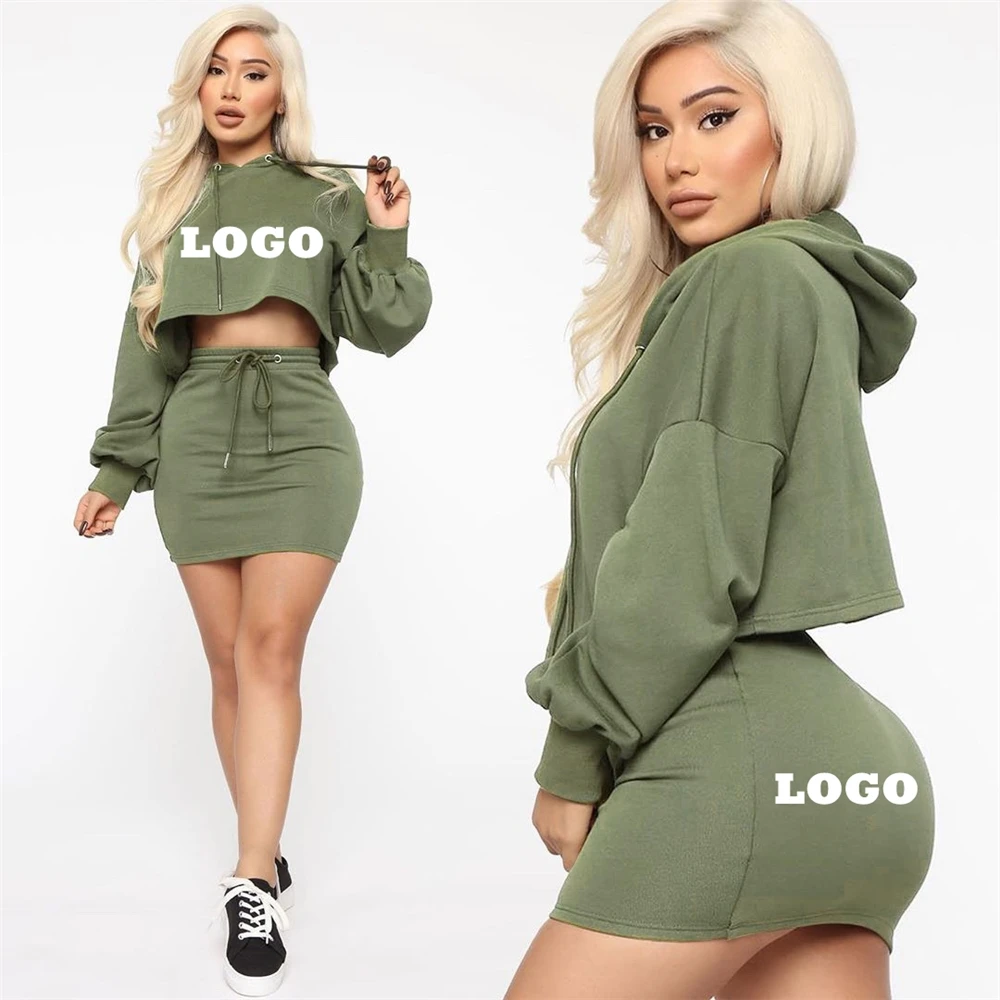 

X Fashion solid crop hooded hoodie casual women clothing two piece short skirt set