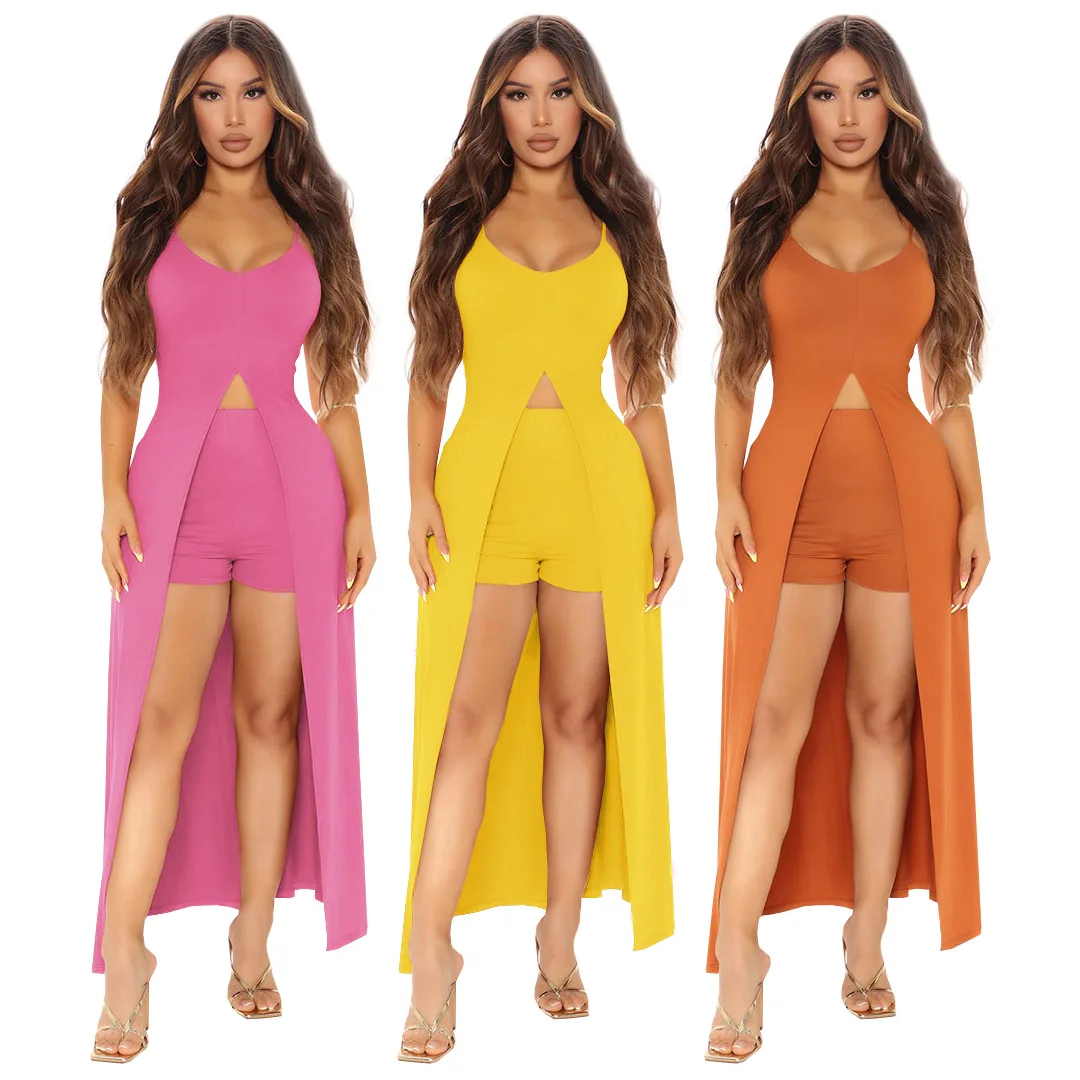 

DUODUOCOLOR Summer solid color sexy deep v neck slit suspenders tops women casual home wear two piece shorts set D10404