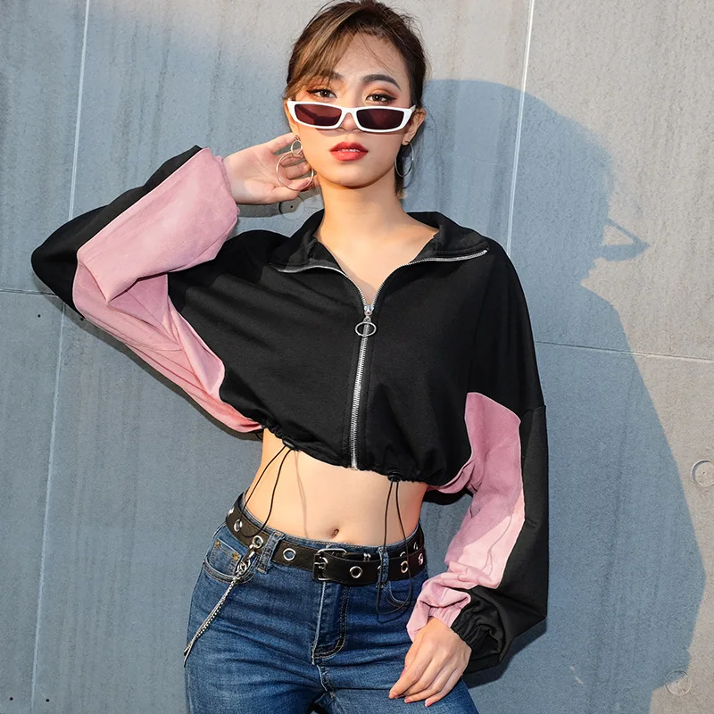 

New fashion drawstring zipper high collar women loose long sleeve crop top tee shirt, Black and pink