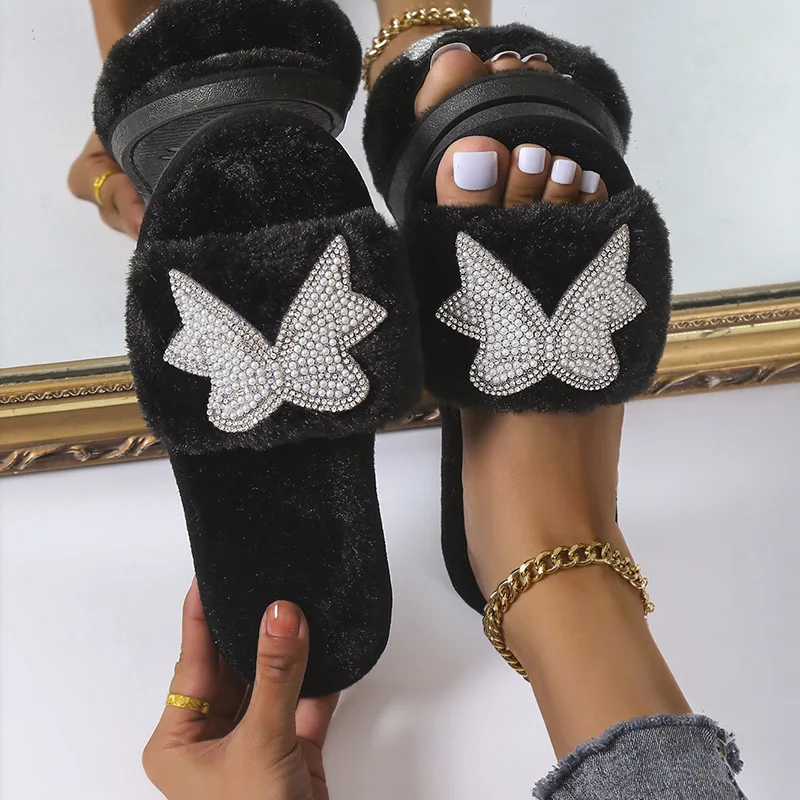 

Large Size Plush Slippers 2021 European and American New Drill Outdoor Hair Slippers Women's Shoes, Picture