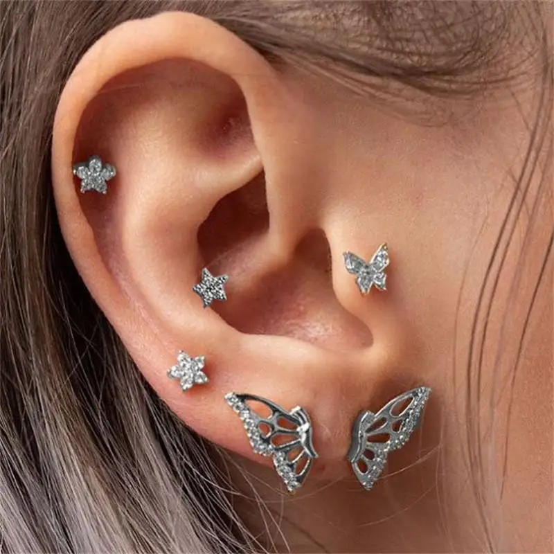 

2021 Fashion Women's Crystal Butterfly Stud Earrings Set 6Pcs/Set Retro Silver Crystal Butterfly Earrings Bijoux Jewelry, Silver color