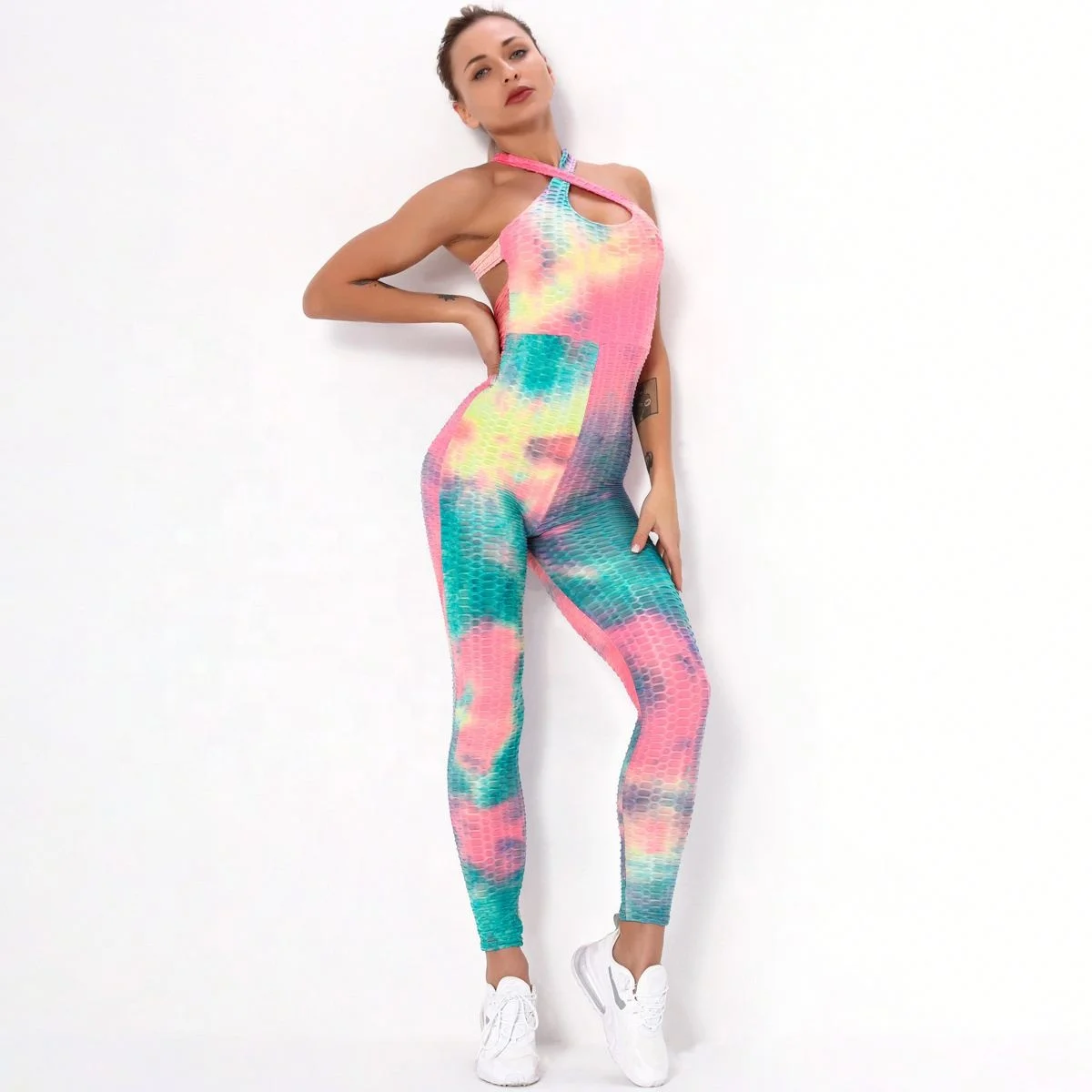 

VOOGUE Tie-dye Printing Cross Suspender Halter Jumpsuit Sweatpants Jogging Tights For Women, Picture shows