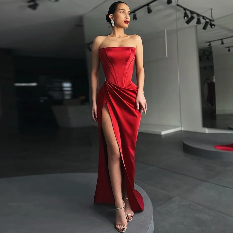 

Strapless Corset Tunic Satin Dresses Red Black Women's Sexy Evening Party Long Dress High Split Pleat Design Gowns Dress