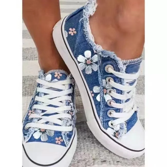 

Summer trend new style ladies' printed low-top lace-up canvas casual shoes, Blue,black,green,blue1