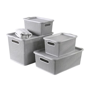 Image of Household Stackable Weaving Hollow Clothing Organizer PP Plastic Durable Storage Box With Lid